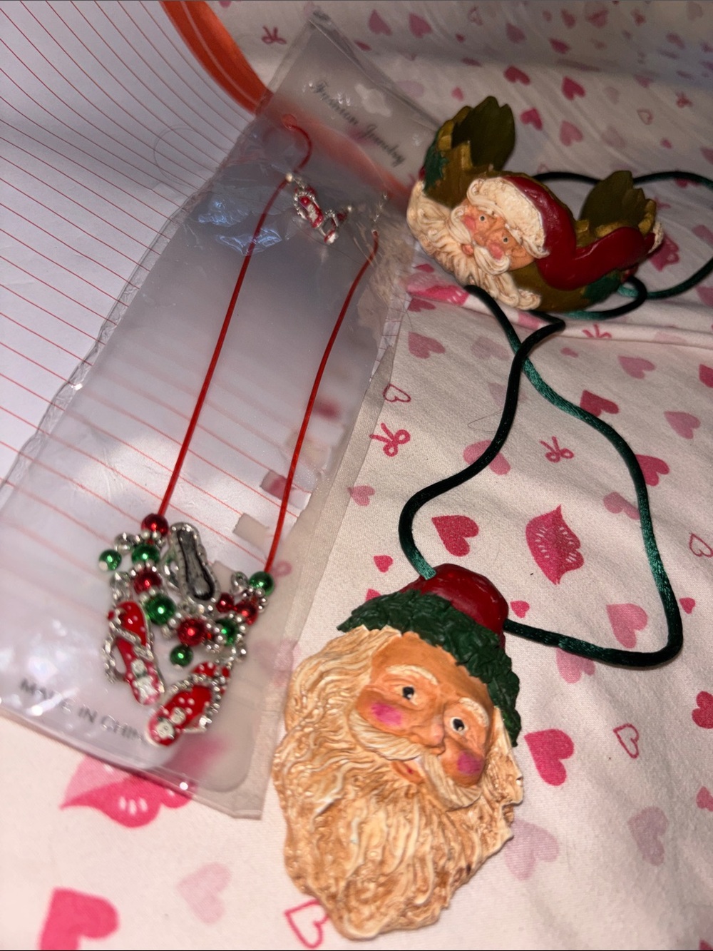 Santa Face Necklace and Festive Bead Pendant Set - Red & Green